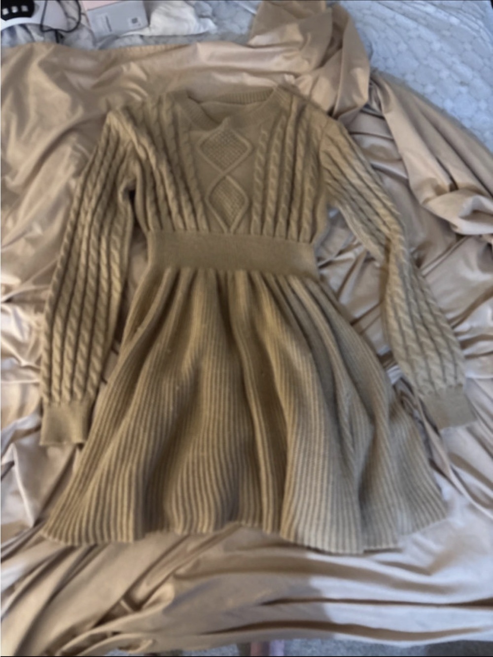 Cable Knit Fit-and-Flare Sweater Dress - Camel